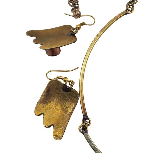 Modernist Artisan Confetti Pendant Necklace Earrings Set Mixed Metals Abstract - Picture 9 of 14